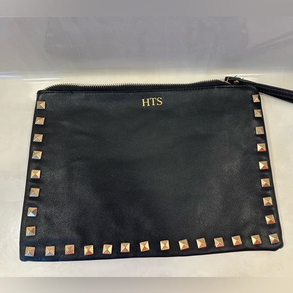 Handbags - EUC large black studded wristlet with HTS initials